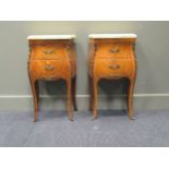 A pair of French marble topped bombé bedsides with gilt metal mounts, 72 x 40 x 25 cm (2)