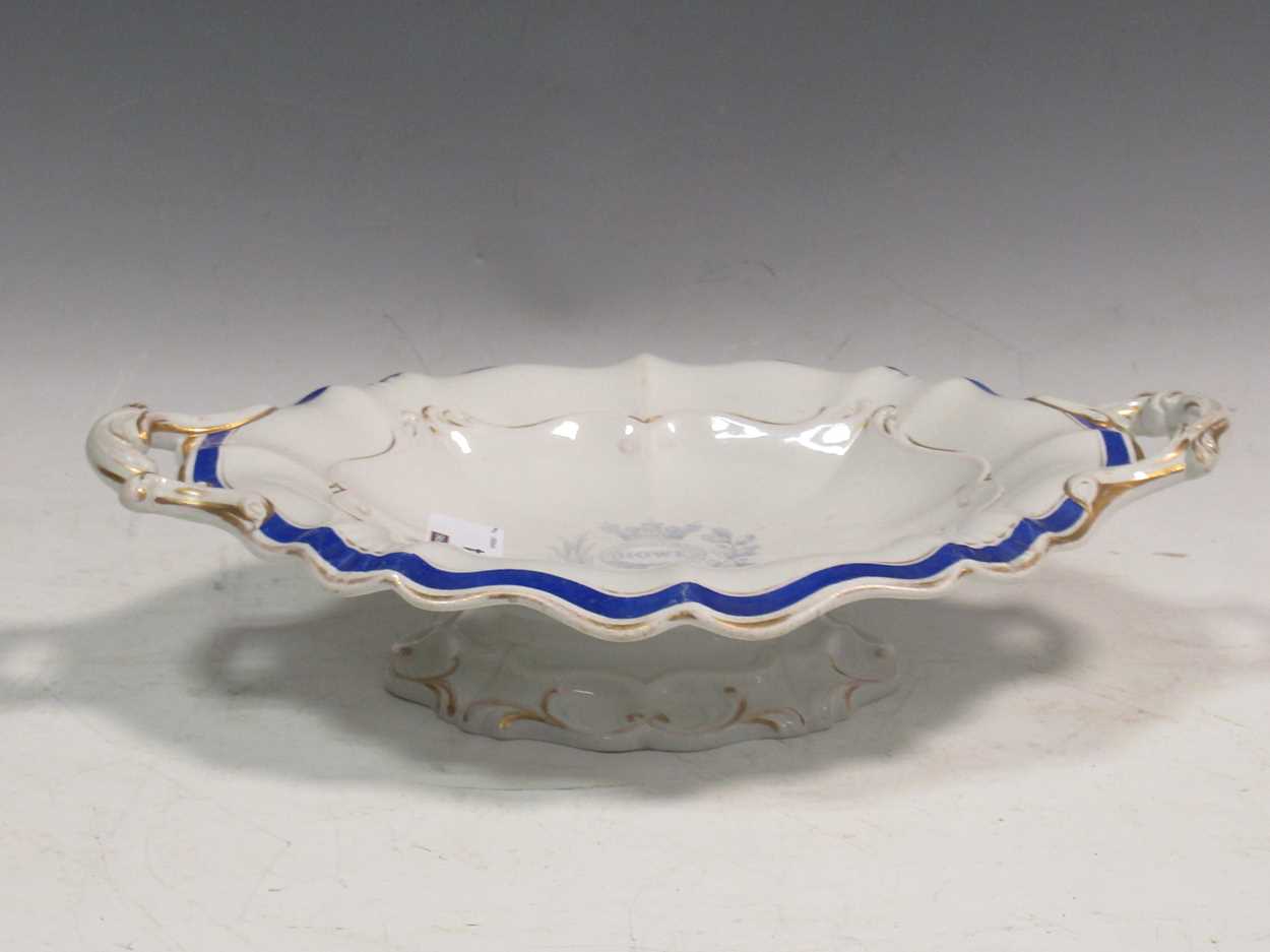 A 19th century two-handled commemorative pottery comport, the centre printed 'First June 1794 HOWE'