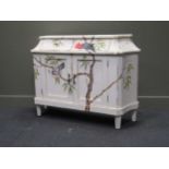A modern painted side cabinet decorated with parrots and foliage, 91 x 123 x 35 cm