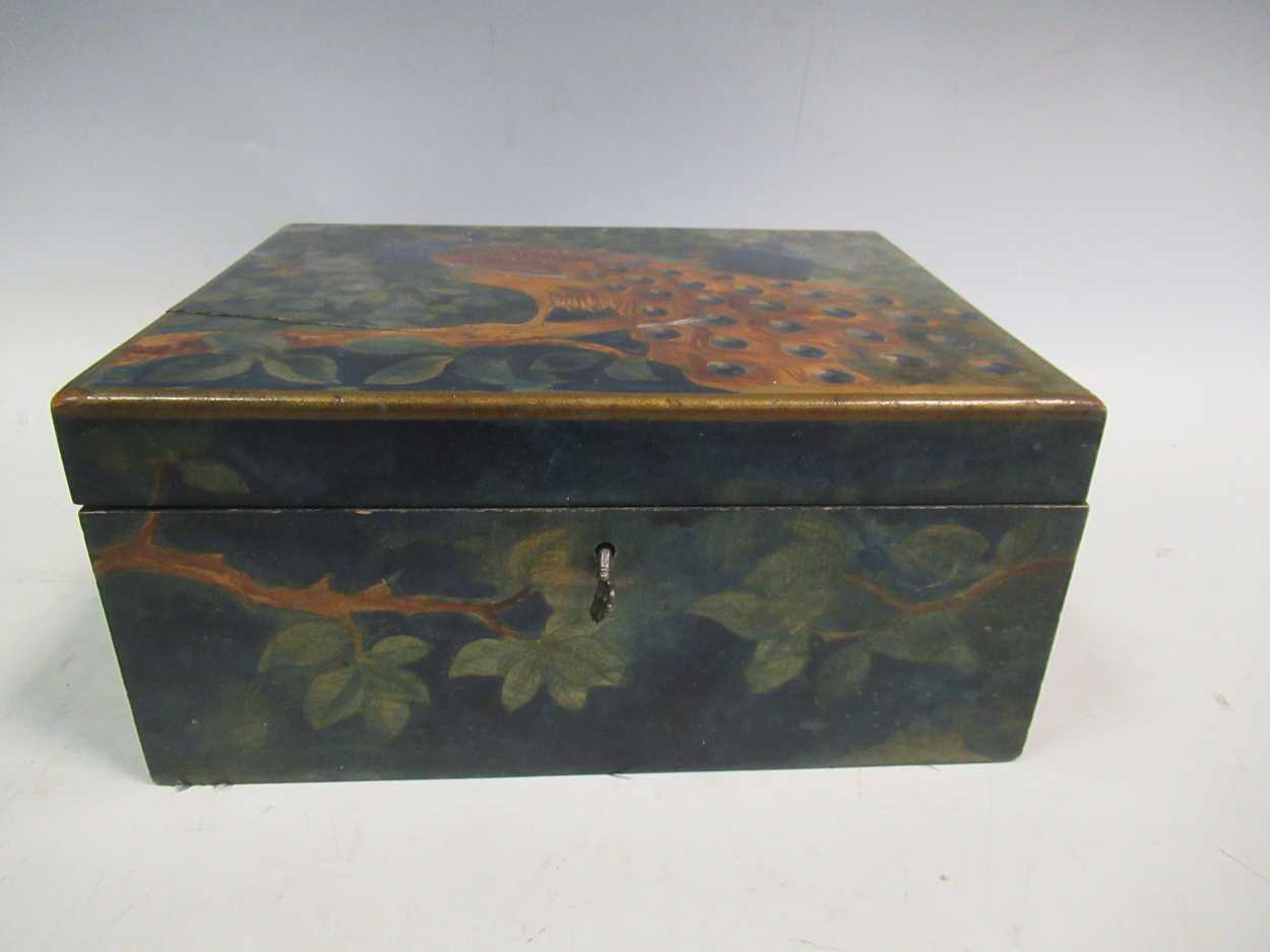 A late 19th century painted box decorated with peacocks 13 x 16.5 x 21cm - Image 5 of 9