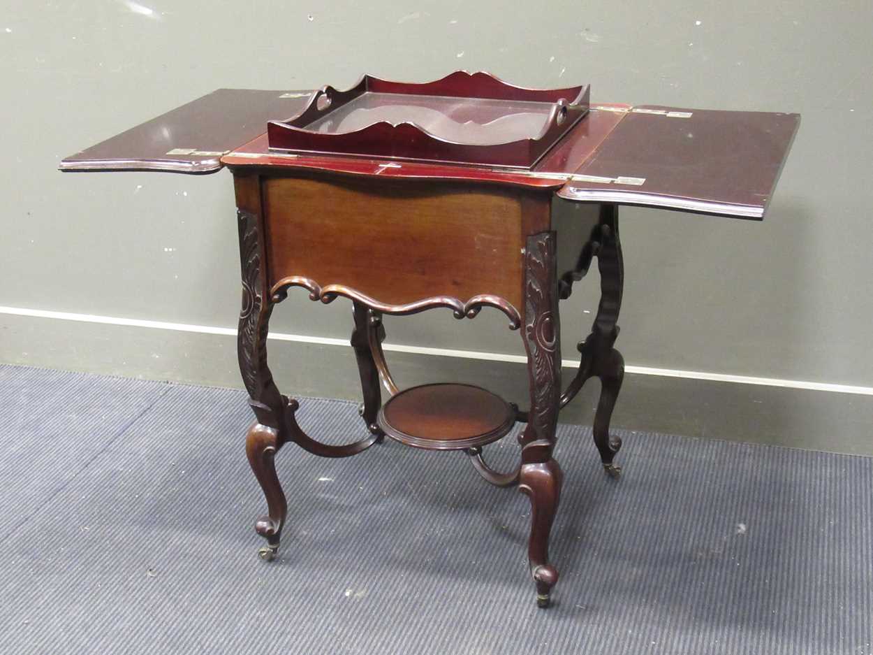 An Edwardian mahogany drinks table, the folding top opening to reveal a pop-up drinks tray, 78 x - Image 4 of 6