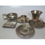 A silver tastevin, napkin ring and compact, 6ozt gross, together with a small collection of