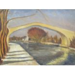 Jackson Page (20th century), a river scene with bridge and boathouse with a bucolic landscape to the