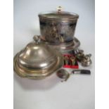 A collection of silver plated items including a salver, flatware (including a cased set),