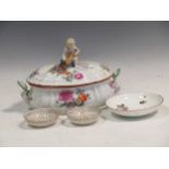 Meissen tureen, 2 ribbon plates & an earlier Meissen saucer dish (c. 1770) (4)Condition report: