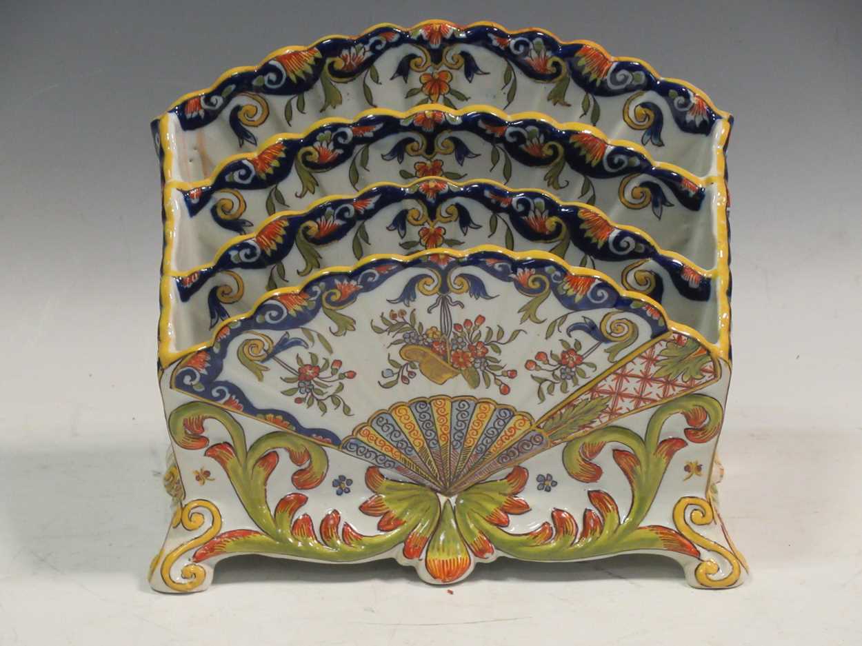 A continental faience letter rack 18cm highProvenance:Landwade Hall, Exning, Suffolk