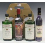 Two bottles of Burnett's Dry Gin, a bottle of violette liquer and a bottled of red wine