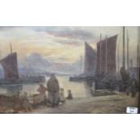 Dutch School, late 19th century, Harbour scene at dusk with fishing boats and figures, watercolour