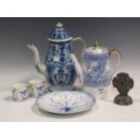 A pearlware coffee pot, a Wedgewood creamware plate, 19th century porcelain coffee wares and a stone