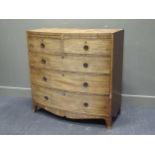 An early 19th century mahogany bow front chest of two short over three long drawers on splayed