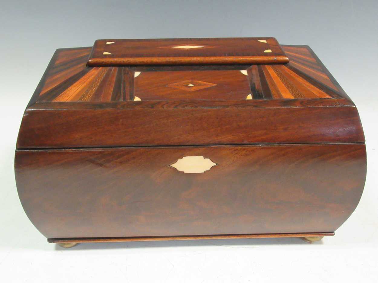 A good 19th century bombé tea caddy with specimen wood inlaid top - Image 7 of 8