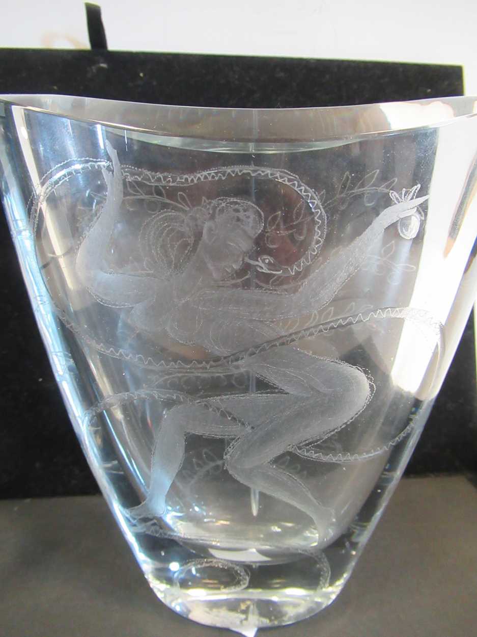 A Peter Dreiser glass vase, engraved with a dancing lady, signed and dated '68', 15cm high; a - Image 5 of 5