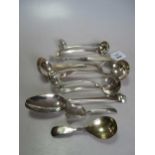 A collection of interesting silver flatware including a pair of early tablespoons, caddy spoons,
