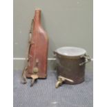 A copper cistern with tap and side carrying handles together with a leather shotgun case (2)