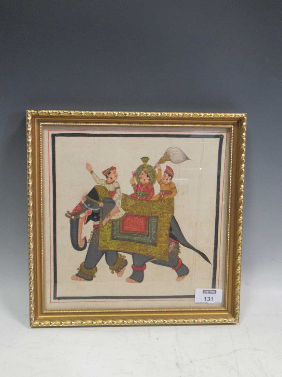 Indian School, mid-19th century - Nobleman with attendants on an elephant, Oil on linen, 25cm by