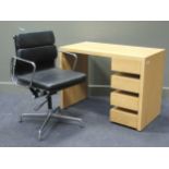 After Charles and Ray Eames, an aluminium group chair and a contemporary desk with four drawers,