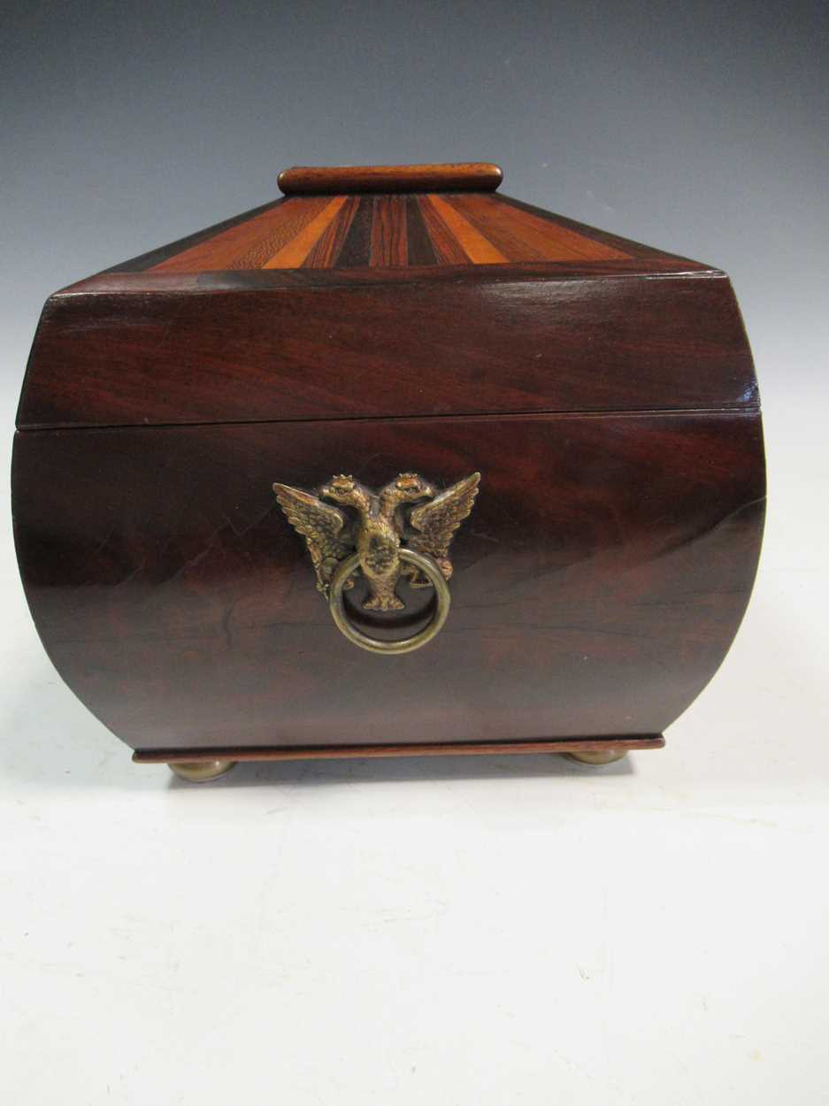 A good 19th century bombé tea caddy with specimen wood inlaid top - Image 2 of 8