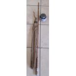 A Hardy Princess fly reel, together witha saltie split-cane 8'8" fishing rod and a other tackle