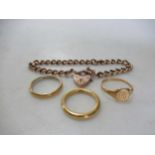 A hallmarked 9ct gold padlock bracelet weight 7.4g, together with a gold plated wedding ring, a