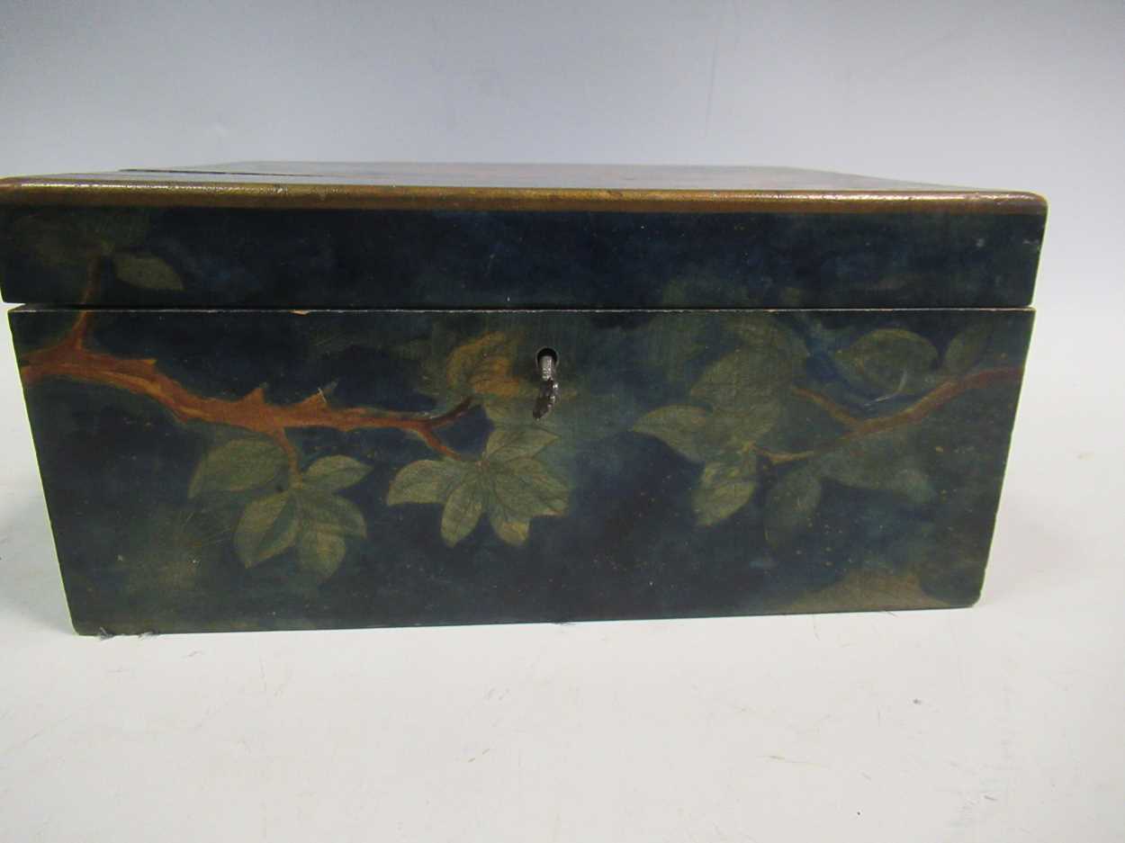 A late 19th century painted box decorated with peacocks 13 x 16.5 x 21cm - Image 7 of 9