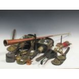 A pair of railway lamps, assorted horse brasses, a copper coaching horn etc.