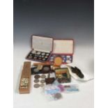 A Morocco cased 1937 proof coin set, another part set, various other assorted coins, stamps, studs