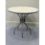 A Mosaic circular table on bent metal base, 77 x 86 cm