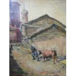 Kenneth Green, RP (British, 1905-1986)Woman and Cow in Moscow Street, 1956 - woman leading a cow