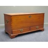 A 19th century oak mule chest with hinged lid and two drawers on bracket feet with brass side