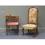 A Victorian rosewood prie dieu chair and an Edwardian inlaid mahogany corner chair (2)