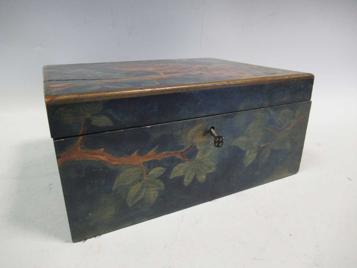 A late 19th century painted box decorated with peacocks 13 x 16.5 x 21cm - Image 8 of 9