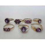 A collection of seven 9ct gold dress rings set with amethyst, 21g gross (7)Condition report: A