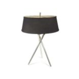 A contemporary chrome table lamp, of tripod form with two lamp-holders and black fabric shade70 cm