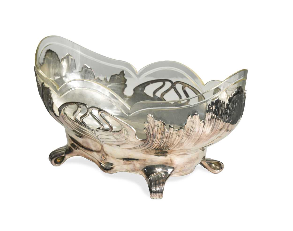 An Art Nouveau 'Orivit' electroplate basket with moulded glass liner,