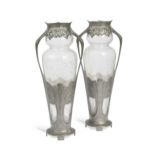 A pair of Art Nouveau Urania pewter mounted glass vases, circa 1900,