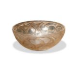 Pinsons, a Lalique clear, frosted and brown heightened glass bowl, decorated with finches amongst