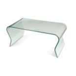 A contemporary glass coffee table, formed from a single sheet of glass with waisted ends44 x 95 x