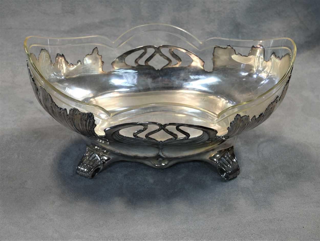 An Art Nouveau 'Orivit' electroplate basket with moulded glass liner, - Image 5 of 5