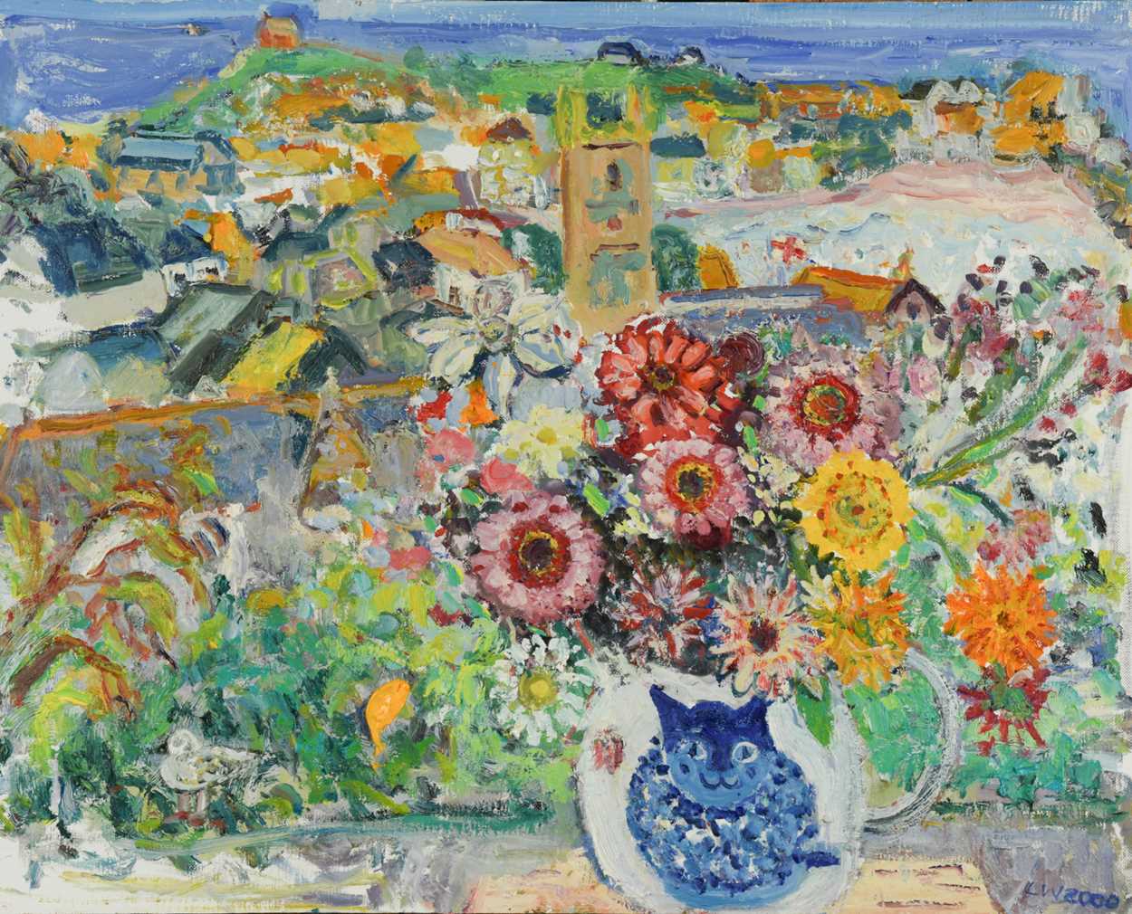 § Linda Weir (British 1951-) Zinnias & baby gull; St.Ives Studiosigned and dated 'LW2000' (lower