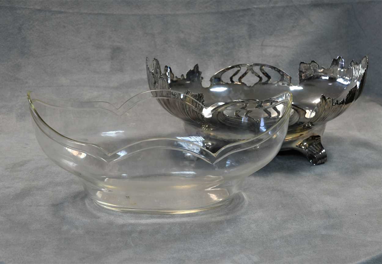 An Art Nouveau 'Orivit' electroplate basket with moulded glass liner, - Image 4 of 5