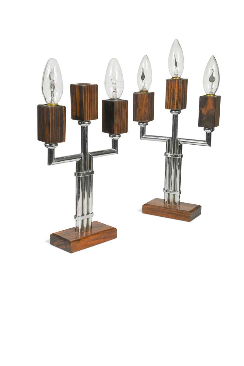 A pair of 20th century chrome and calamander table lamps,