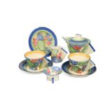 Blue Chintz, a Clarice Cliff Bizarre Conical tea set for two,
