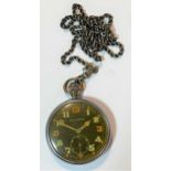 A Jaeger LeCoultre WW2 military issue open-faced crown wind pocket watch with a base metal watch