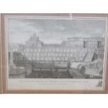 18th century engraving of Peterhof palace, St Petersburg, with title below in Cyrillic, framed, by