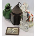 A 19th century tin lantern and Staffordshire figures etc.