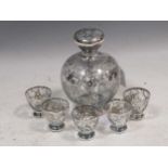 A Murano silver overlaid glass decanter and five glasses