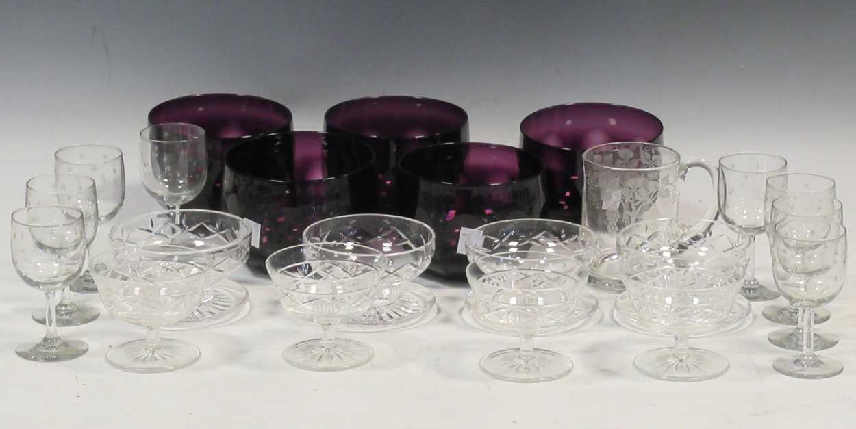 Five purple glass finger bowls, 8 short stem glasses, 2 sets of four glass sundae bowls and a