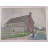 G Gordon Fraser, Moot Hall, Elstow, with mother and child walking down a village path, signed 'G