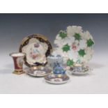 An 18th century Worcester blue and white bowl and cover, a pair of Royal Crown Derby saucers, an