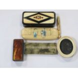 A horn snuff box, an inlaid ebonised snuff box, a bone stanhope with Carmathen, a bakelite box and